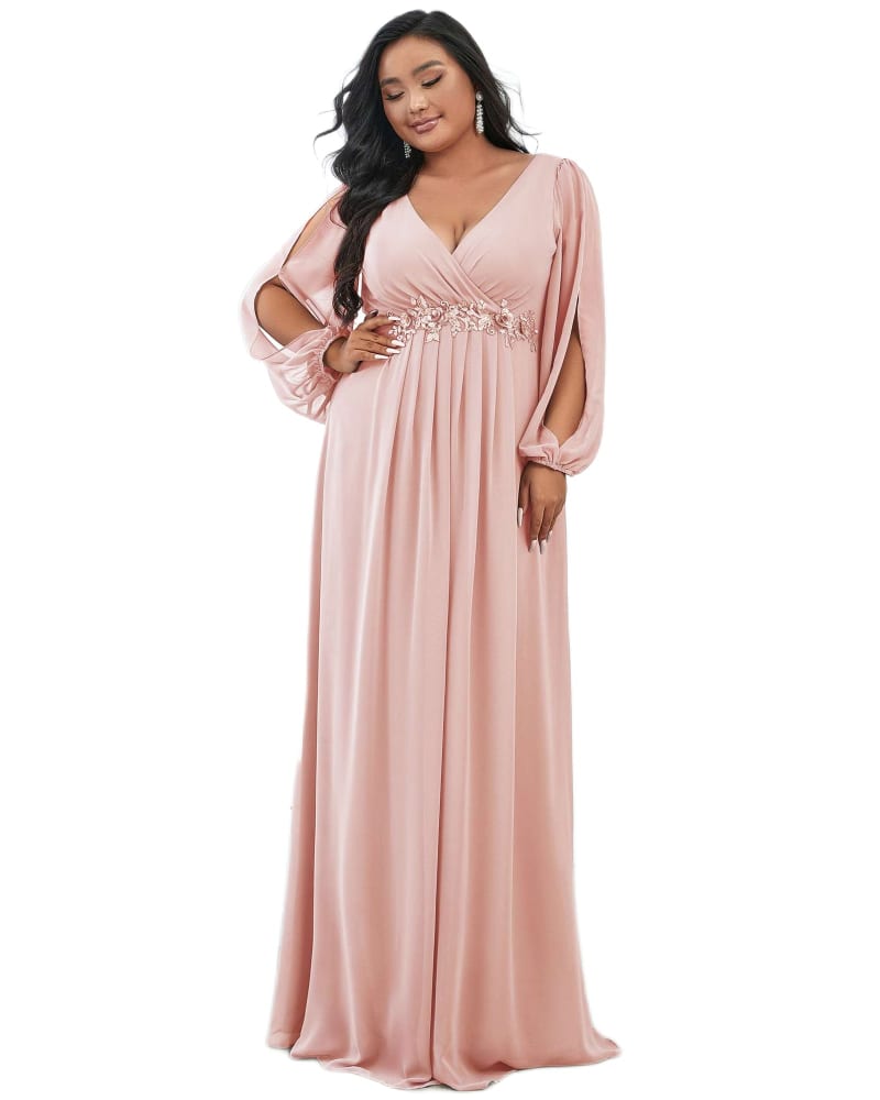 Front of a model wearing a size 20 Chiffon V-Neckline Long Sleeve Formal Evening Dress in Pink by Ever-Pretty. | dia_product_style_image_id:284553